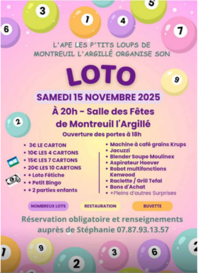 L&rsquo;APE les P&rsquo;tits loups de Montreuil l&rsquo;Argile organise son loto